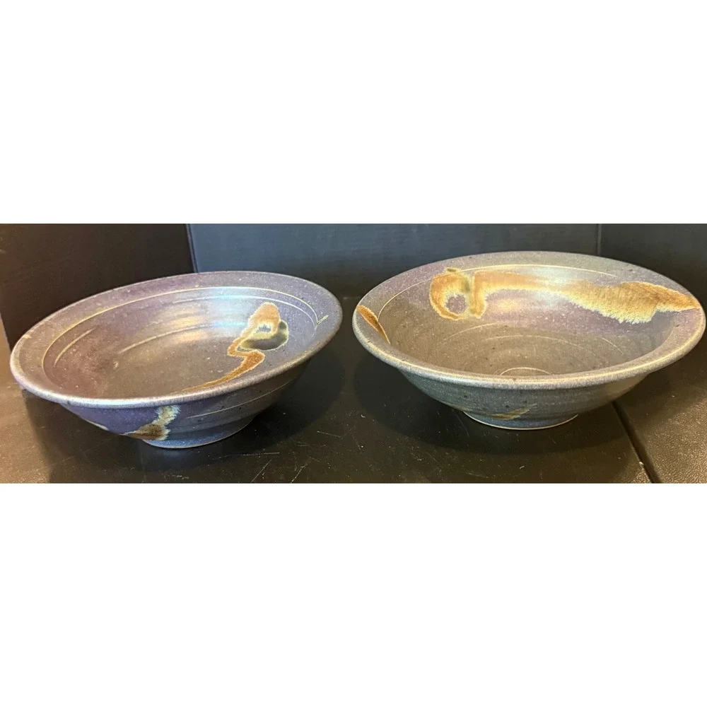 Studio Art Pottery Shallow Bowls Purple Glazed Stoneware Set of 2 Signed Rustic